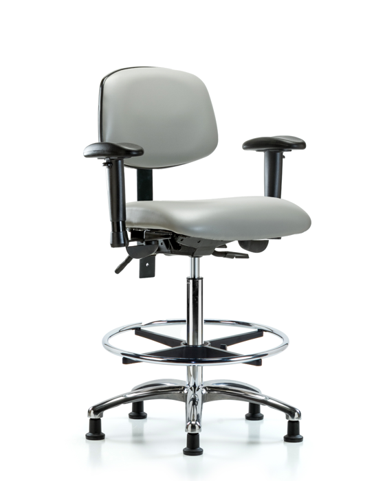 Blue Ridge Ergonomics VHBCH-CR-T1-A1-CF-RG-8567 Rutledge Vinyl Chair Chrome - High Bench Height with Seat Tilt, Adjustable Arms, Chrome Foot Ring, & Stationary Glides in Dove Trailblazer™ Vinyl