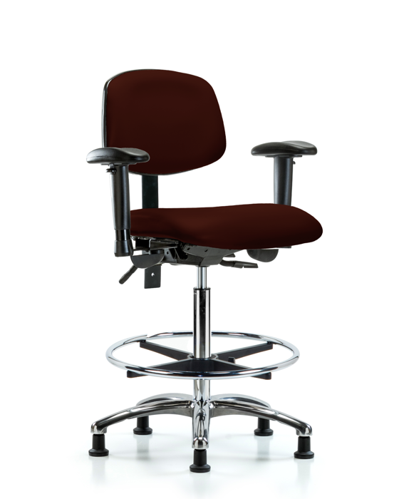Blue Ridge Ergonomics VHBCH-CR-T1-A1-CF-RG-8569 Rutledge Vinyl Chair Chrome - High Bench Height with Seat Tilt, Adjustable Arms, Chrome Foot Ring, & Stationary Glides in Burgundy Trailblazer™ Vinyl