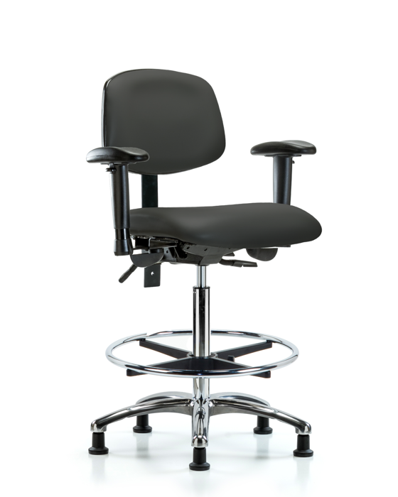 Blue Ridge Ergonomics VHBCH-CR-T1-A1-CF-RG-8605 Rutledge Vinyl Chair Chrome - High Bench Height with Seat Tilt, Adjustable Arms, Chrome Foot Ring, & Stationary Glides in Charcoal Trailblazer™ Vinyl