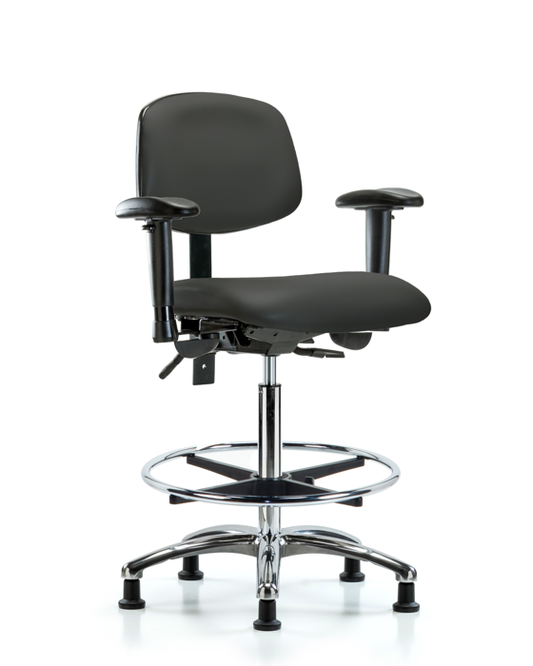 Blue Ridge Ergonomics VHBCH-CR-T1-A1-CF-RG-8605 Rutledge Vinyl Chair Chrome - High Bench Height with Seat Tilt, Adjustable Arms, Chrome Foot Ring, & Stationary Glides in Charcoal Trailblazer™ Vinyl