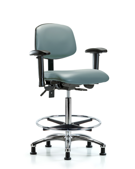 Blue Ridge Ergonomics VHBCH-CR-T1-A1-CF-RG-8822 Rutledge Vinyl Chair Chrome - High Bench Height with Seat Tilt, Adjustable Arms, Chrome Foot Ring, & Stationary Glides in Storm Supernova™ Vinyl