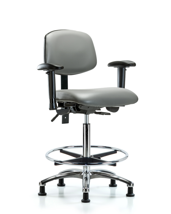 Blue Ridge Ergonomics VHBCH-CR-T1-A1-CF-RG-8840 Rutledge Vinyl Chair Chrome - High Bench Height with Seat Tilt, Adjustable Arms, Chrome Foot Ring, & Stationary Glides in Sterling Supernova™ Vinyl