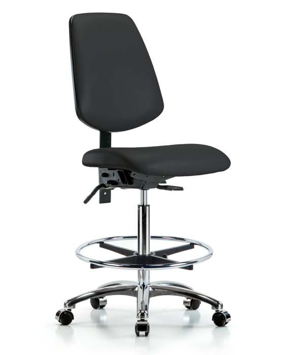 Blue Ridge Ergonomics VHBCH-MB-CR-T0-A0-CF-CC-8540 Rutledge Vinyl Chair Chrome - High Bench Height with Medium Back, Chrome Foot Ring, & Casters in Black Trailblazer™ Vinyl