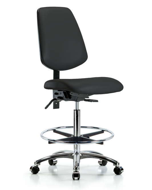 Blue Ridge Ergonomics VHBCH-MB-CR-T0-A0-CF-CC-8540 Rutledge Vinyl Chair Chrome - High Bench Height with Medium Back, Chrome Foot Ring, & Casters in Black Trailblazer™ Vinyl