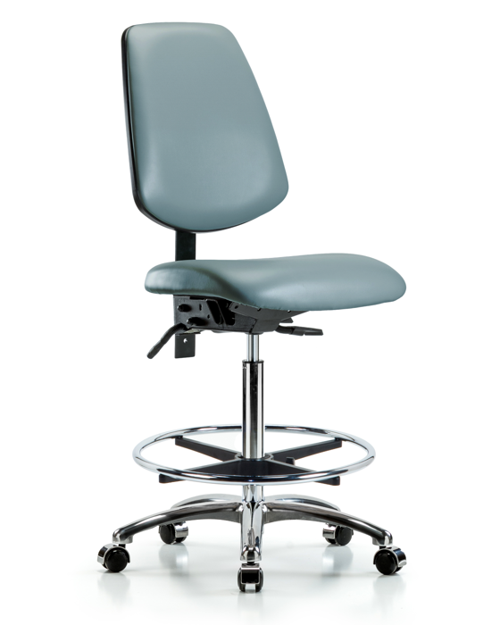 Blue Ridge Ergonomics VHBCH-MB-CR-T0-A0-CF-CC-8822 Rutledge Vinyl Chair Chrome - High Bench Height with Medium Back, Chrome Foot Ring, & Casters in Storm Supernova™ Vinyl