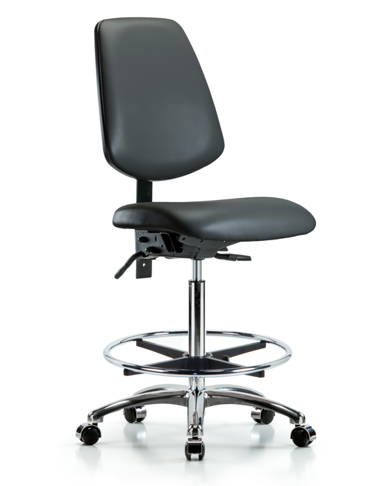Blue Ridge Ergonomics VHBCH-MB-CR-T0-A0-CF-CC-8823 Rutledge Vinyl Chair Chrome - High Bench Height with Medium Back, Chrome Foot Ring, & Casters in Carbon Supernova™ Vinyl
