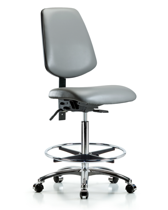 Blue Ridge Ergonomics VHBCH-MB-CR-T0-A0-CF-CC-8840 Rutledge Vinyl Chair Chrome - High Bench Height with Medium Back, Chrome Foot Ring, & Casters in Sterling Supernova™ Vinyl