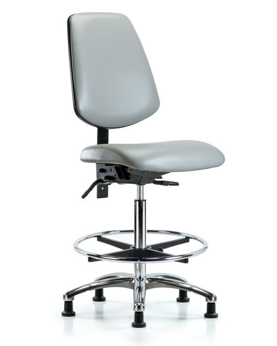 Blue Ridge Ergonomics VHBCH-MB-CR-T0-A0-CF-RG-8567 Rutledge Vinyl Chair Chrome - High Bench Height with Medium Back, Chrome Foot Ring, & Stationary Glides in Dove Trailblazer™ Vinyl