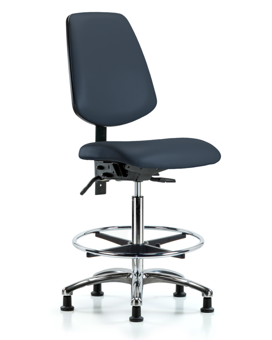 Blue Ridge Ergonomics VHBCH-MB-CR-T0-A0-CF-RG-8582 Rutledge Vinyl Chair Chrome - High Bench Height with Medium Back, Chrome Foot Ring, & Stationary Glides in Imperial Blue Trailblazer™ Vinyl