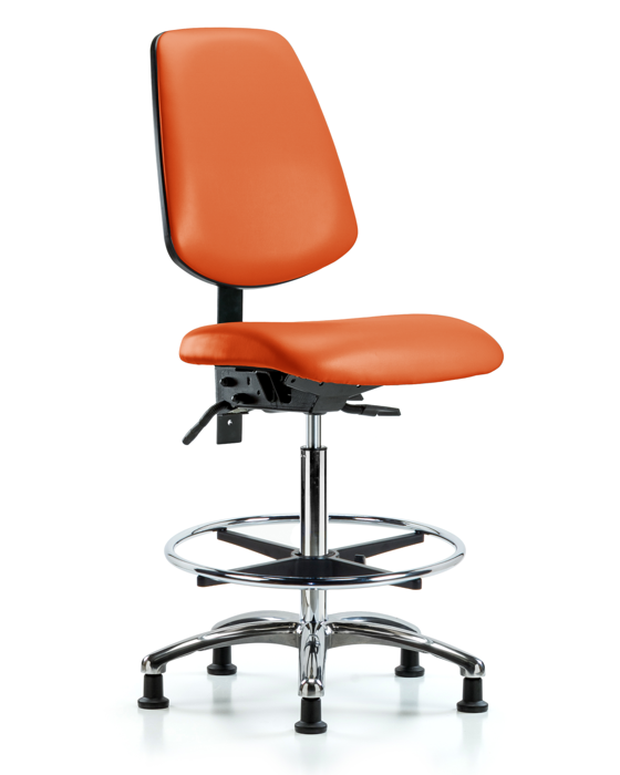 Blue Ridge Ergonomics VHBCH-MB-CR-T0-A0-CF-RG-8613 Rutledge Vinyl Chair Chrome - High Bench Height with Medium Back, Chrome Foot Ring, & Stationary Glides in Orange Kist Trailblazer™ Vinyl