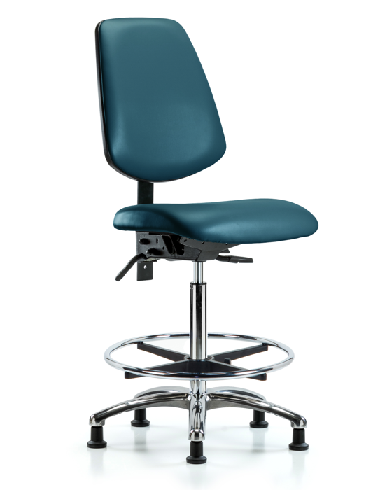 Blue Ridge Ergonomics VHBCH-MB-CR-T0-A0-CF-RG-8801 Rutledge Vinyl Chair Chrome - High Bench Height with Medium Back, Chrome Foot Ring, & Stationary Glides in Marine Blue Supernova™ Vinyl