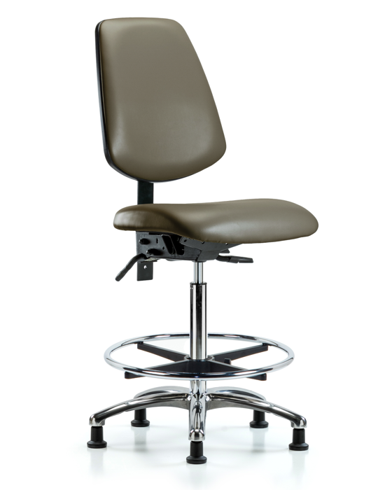 Blue Ridge Ergonomics VHBCH-MB-CR-T0-A0-CF-RG-8809 Rutledge Vinyl Chair Chrome - High Bench Height with Medium Back, Chrome Foot Ring, & Stationary Glides in Taupe Supernova™ Vinyl
