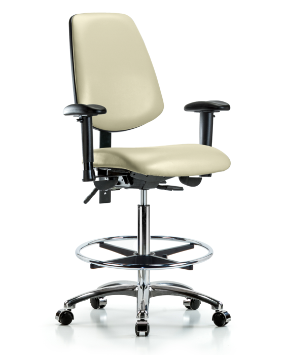Blue Ridge Ergonomics VHBCH-MB-CR-T0-A1-CF-CC-8501 Rutledge Vinyl Chair Chrome - High Bench Height with Medium Back, Adjustable Arms, Chrome Foot Ring, & Casters in Adobe White Trailblazer™ Vinyl