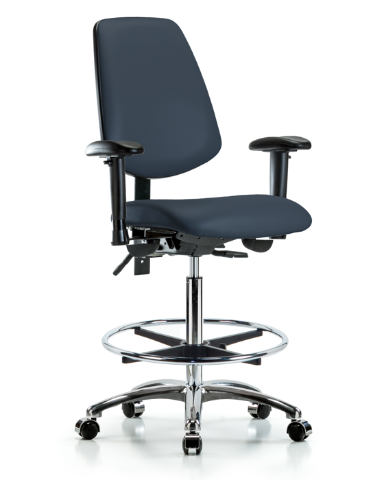 Blue Ridge Ergonomics VHBCH-MB-CR-T0-A1-CF-CC-8582 Rutledge Vinyl Chair Chrome - High Bench Height with Medium Back, Adjustable Arms, Chrome Foot Ring, & Casters in Imperial Blue Trailblazer™ Vinyl