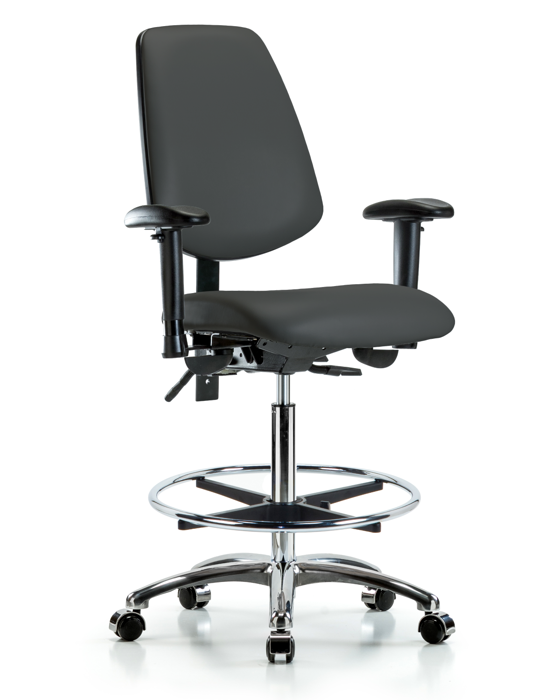 Blue Ridge Ergonomics VHBCH-MB-CR-T0-A1-CF-CC-8605 Rutledge Vinyl Chair Chrome - High Bench Height with Medium Back, Adjustable Arms, Chrome Foot Ring, & Casters in Charcoal Trailblazer™ Vinyl