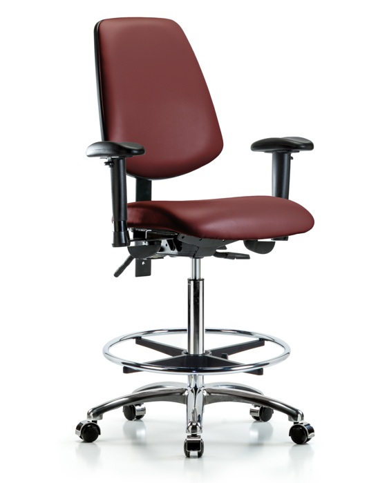 Blue Ridge Ergonomics VHBCH-MB-CR-T0-A1-CF-CC-8815 Rutledge Vinyl Chair Chrome - High Bench Height with Medium Back, Adjustable Arms, Chrome Foot Ring, & Casters in Borscht Supernova™ Vinyl