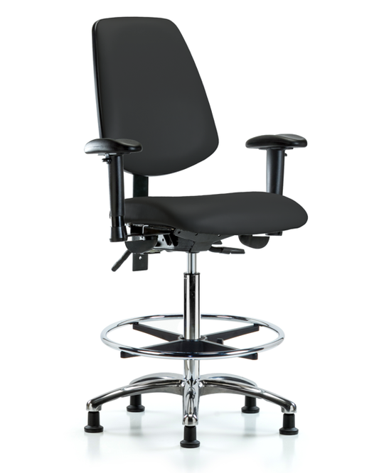 Blue Ridge Ergonomics VHBCH-MB-CR-T0-A1-CF-RG-8540 Rutledge Vinyl Chair Chrome - High Bench Height with Medium Back, Adjustable Arms, Chrome Foot Ring, & Stationary Glides in Black Trailblazer™ Vinyl