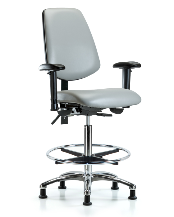 Blue Ridge Ergonomics VHBCH-MB-CR-T0-A1-CF-RG-8567 Rutledge Vinyl Chair Chrome - High Bench Height with Medium Back, Adjustable Arms, Chrome Foot Ring, & Stationary Glides in Dove Trailblazer™ Vinyl