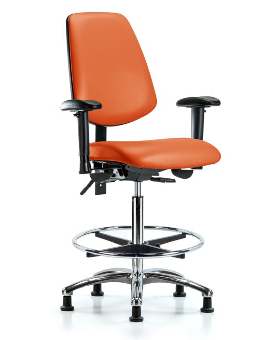 Blue Ridge Ergonomics VHBCH-MB-CR-T0-A1-CF-RG-8613 Rutledge Vinyl Chair Chrome - High Bench Height with Medium Back, Adjustable Arms, Chrome Foot Ring, & Stationary Glides in Orange Kist Trailblazer™ Vinyl