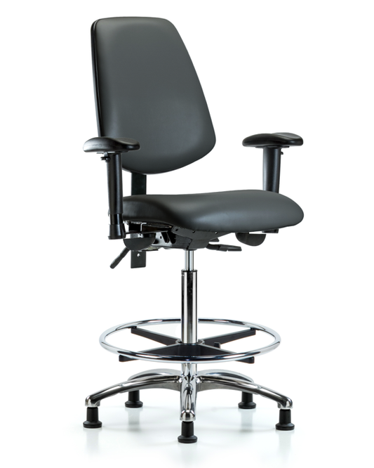 Blue Ridge Ergonomics VHBCH-MB-CR-T0-A1-CF-RG-8823 Rutledge Vinyl Chair Chrome - High Bench Height with Medium Back, Adjustable Arms, Chrome Foot Ring, & Stationary Glides in Carbon Supernova™ Vinyl