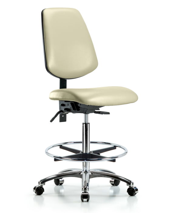 Blue Ridge Ergonomics VHBCH-MB-CR-T1-A0-CF-CC-8501 Rutledge Vinyl Chair Chrome - High Bench Height with Medium Back, Seat Tilt, Chrome Foot Ring, & Casters in Adobe White Trailblazer™ Vinyl