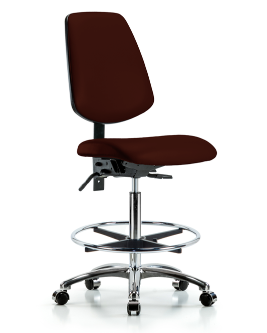 Blue Ridge Ergonomics VHBCH-MB-CR-T1-A0-CF-CC-8569 Rutledge Vinyl Chair Chrome - High Bench Height with Medium Back, Seat Tilt, Chrome Foot Ring, & Casters in Burgundy Trailblazer™ Vinyl