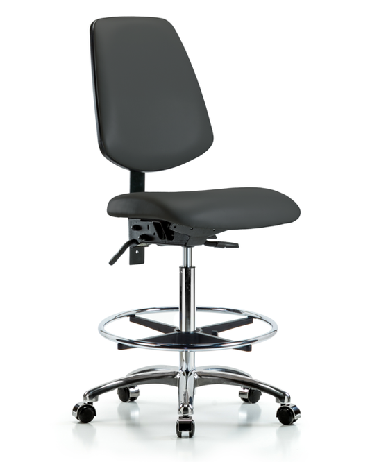 Blue Ridge Ergonomics VHBCH-MB-CR-T1-A0-CF-CC-8605 Rutledge Vinyl Chair Chrome - High Bench Height with Medium Back, Seat Tilt, Chrome Foot Ring, & Casters in Charcoal Trailblazer™ Vinyl