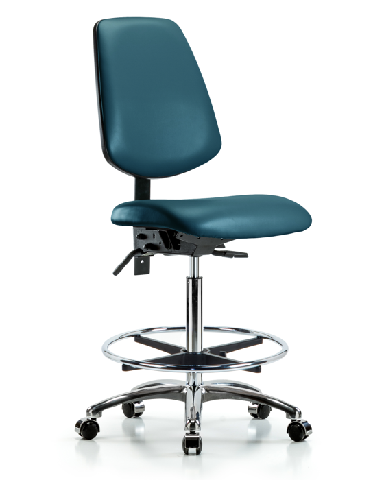 Blue Ridge Ergonomics VHBCH-MB-CR-T1-A0-CF-CC-8801 Rutledge Vinyl Chair Chrome - High Bench Height with Medium Back, Seat Tilt, Chrome Foot Ring, & Casters in Marine Blue Supernova™ Vinyl