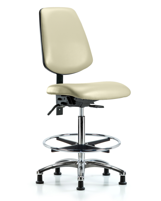 Blue Ridge Ergonomics VHBCH-MB-CR-T1-A0-CF-RG-8501 Rutledge Vinyl Chair Chrome - High Bench Height with Medium Back, Seat Tilt, Chrome Foot Ring, & Stationary Glides in Adobe White Trailblazer™ Vinyl