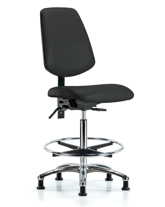 Blue Ridge Ergonomics VHBCH-MB-CR-T1-A0-CF-RG-8540 Rutledge Vinyl Chair Chrome - High Bench Height with Medium Back, Seat Tilt, Chrome Foot Ring, & Stationary Glides in Black Trailblazer™ Vinyl