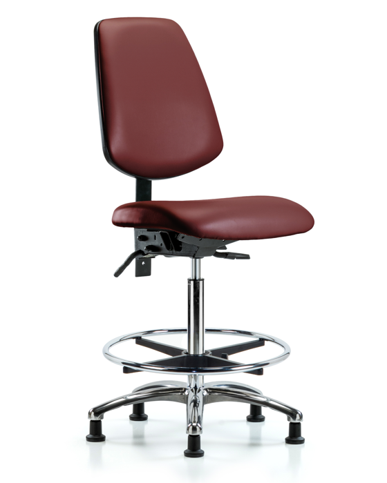 Blue Ridge Ergonomics VHBCH-MB-CR-T1-A0-CF-RG-8815 Rutledge Vinyl Chair Chrome - High Bench Height with Medium Back, Seat Tilt, Chrome Foot Ring, & Stationary Glides in Borscht Supernova™ Vinyl
