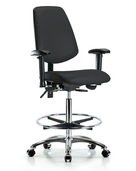 Blue Ridge Ergonomics VHBCH-MB-CR-T1-A1-CF-CC-8540 Rutledge Vinyl Chair Chrome - High Bench Height with Medium Back, Seat Tilt, Adjustable Arms, Chrome Foot Ring, & Casters in Black Trailblazer™ Vinyl
