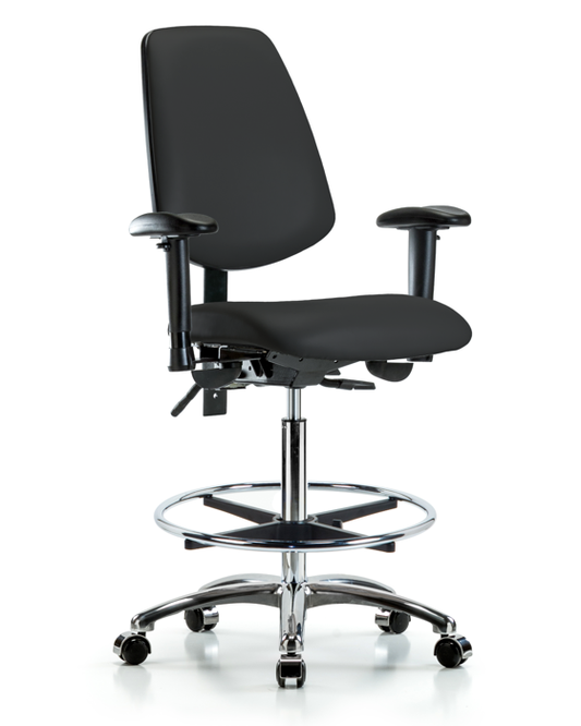 Blue Ridge Ergonomics VHBCH-MB-CR-T1-A1-CF-CC-8540 Rutledge Vinyl Chair Chrome - High Bench Height with Medium Back, Seat Tilt, Adjustable Arms, Chrome Foot Ring, & Casters in Black Trailblazer™ Vinyl