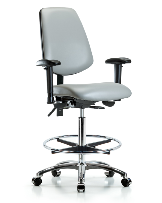 Blue Ridge Ergonomics VHBCH-MB-CR-T1-A1-CF-CC-8567 Rutledge Vinyl Chair Chrome - High Bench Height with Medium Back, Seat Tilt, Adjustable Arms, Chrome Foot Ring, & Casters in Dove Trailblazer™ Vinyl