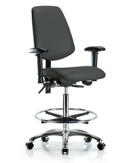 Blue Ridge Ergonomics VHBCH-MB-CR-T1-A1-CF-CC-8605 Rutledge Vinyl Chair Chrome - High Bench Height with Medium Back, Seat Tilt, Adjustable Arms, Chrome Foot Ring, & Casters in Charcoal Trailblazer™ Vinyl