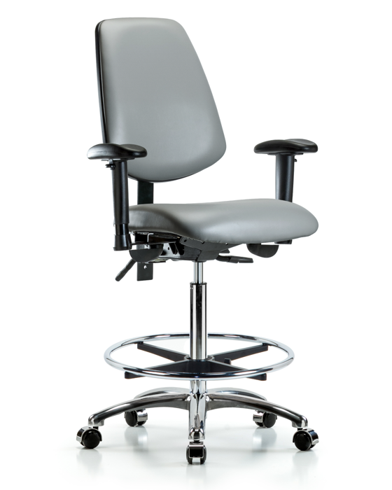 Blue Ridge Ergonomics VHBCH-MB-CR-T1-A1-CF-CC-8840 Rutledge Vinyl Chair Chrome - High Bench Height with Medium Back, Seat Tilt, Adjustable Arms, Chrome Foot Ring, & Casters in Sterling Supernova™ Vinyl