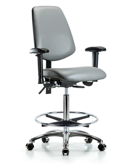 Blue Ridge Ergonomics VHBCH-MB-CR-T1-A1-CF-CC-8840 Rutledge Vinyl Chair Chrome - High Bench Height with Medium Back, Seat Tilt, Adjustable Arms, Chrome Foot Ring, & Casters in Sterling Supernova™ Vinyl