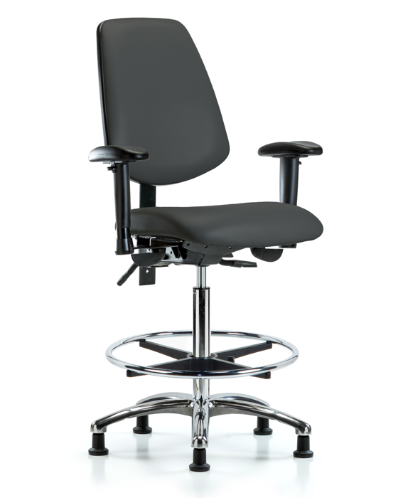 Blue Ridge Ergonomics VHBCH-MB-CR-T1-A1-CF-RG-8605 Rutledge Vinyl Chair Chrome - High Bench Height with Medium Back, Seat Tilt, Adjustable Arms, Chrome Foot Ring, & Stationary Glides in Charcoal Trailblazer™ Vinyl
