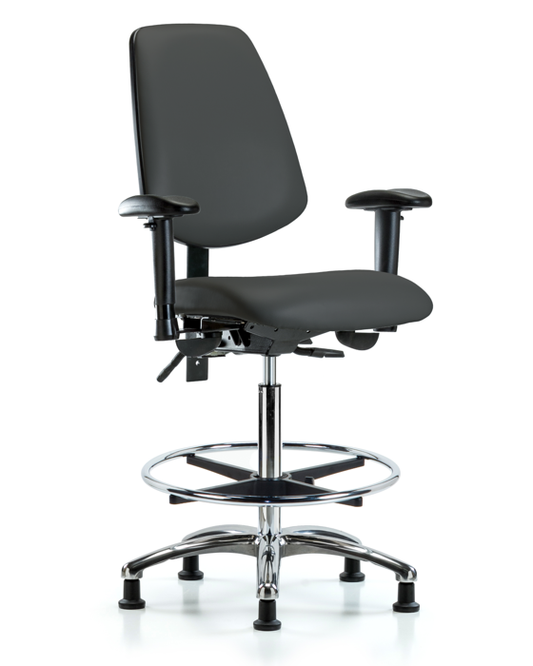 Blue Ridge Ergonomics VHBCH-MB-CR-T1-A1-CF-RG-8605 Rutledge Vinyl Chair Chrome - High Bench Height with Medium Back, Seat Tilt, Adjustable Arms, Chrome Foot Ring, & Stationary Glides in Charcoal Trailblazer™ Vinyl