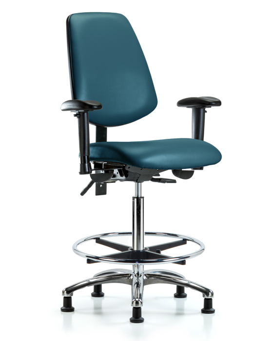 Blue Ridge Ergonomics VHBCH-MB-CR-T1-A1-CF-RG-8801 Rutledge Vinyl Chair Chrome - High Bench Height with Medium Back, Seat Tilt, Adjustable Arms, Chrome Foot Ring, & Stationary Glides in Marine Blue Supernova™ Vinyl