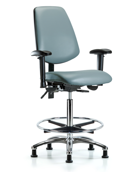 Blue Ridge Ergonomics VHBCH-MB-CR-T1-A1-CF-RG-8822 Rutledge Vinyl Chair Chrome - High Bench Height with Medium Back, Seat Tilt, Adjustable Arms, Chrome Foot Ring, & Stationary Glides in Storm Supernova™ Vinyl