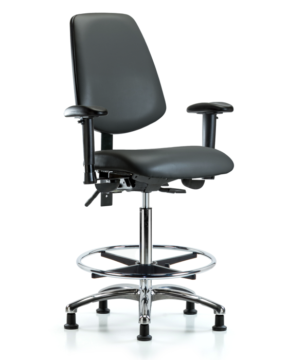 Blue Ridge Ergonomics VHBCH-MB-CR-T1-A1-CF-RG-8823 Rutledge Vinyl Chair Chrome - High Bench Height with Medium Back, Seat Tilt, Adjustable Arms, Chrome Foot Ring, & Stationary Glides in Carbon Supernova™ Vinyl