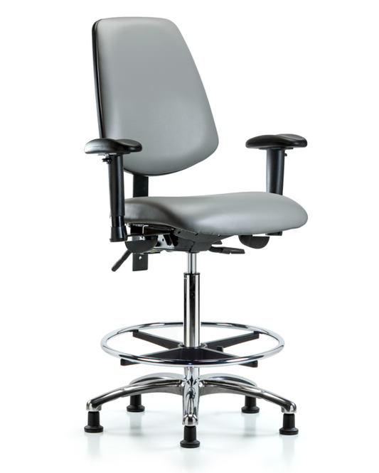Blue Ridge Ergonomics VHBCH-MB-CR-T1-A1-CF-RG-8840 Rutledge Vinyl Chair Chrome - High Bench Height with Medium Back, Seat Tilt, Adjustable Arms, Chrome Foot Ring, & Stationary Glides in Sterling Supernova™ Vinyl