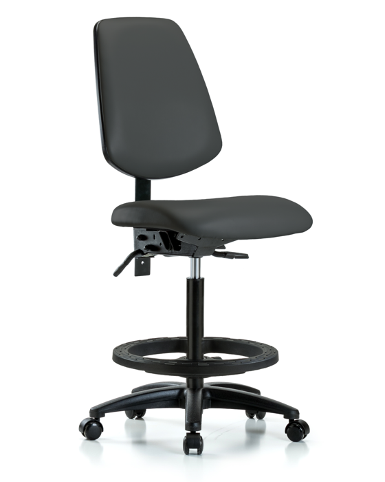 Blue Ridge Ergonomics VHBCH-MB-RG-T0-A0-BF-RC-8605 Rutledge Vinyl Chair - High Bench Height with Medium Back, Black Foot Ring, & Casters in Charcoal Trailblazer™ Vinyl