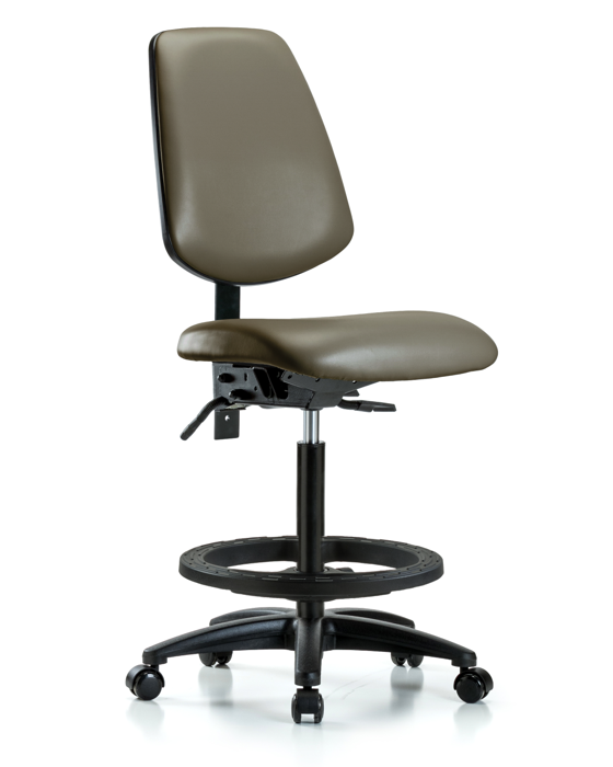 Blue Ridge Ergonomics VHBCH-MB-RG-T0-A0-BF-RC-8809 Rutledge Vinyl Chair - High Bench Height with Medium Back, Black Foot Ring, & Casters in Taupe Supernova™ Vinyl