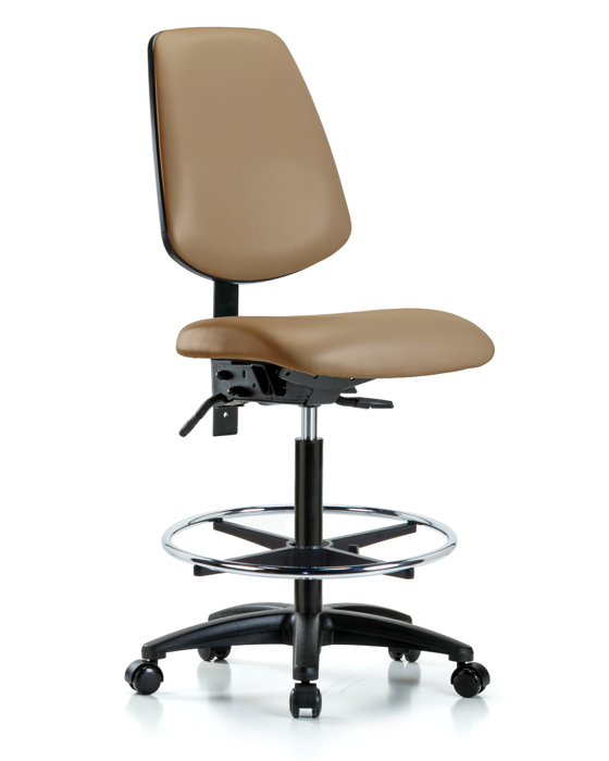 Blue Ridge Ergonomics VHBCH-MB-RG-T0-A0-CF-RC-8584 Rutledge Vinyl Chair - High Bench Height with Medium Back, Chrome Foot Ring, & Casters in Taupe Trailblazer™ Vinyl