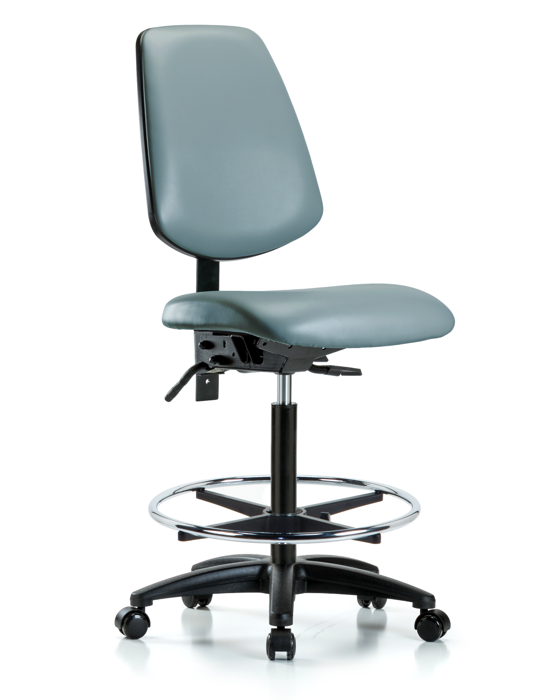Blue Ridge Ergonomics VHBCH-MB-RG-T0-A0-CF-RC-8822 Rutledge Vinyl Chair - High Bench Height with Medium Back, Chrome Foot Ring, & Casters in Storm Supernova™ Vinyl