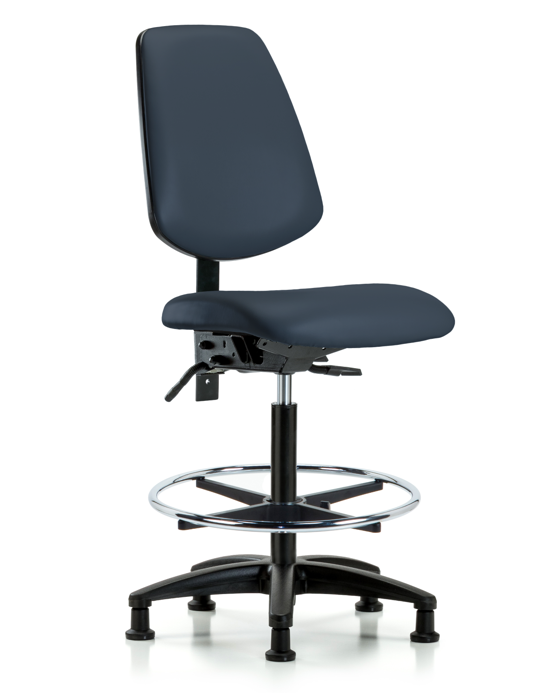 Blue Ridge Ergonomics VHBCH-MB-RG-T0-A0-CF-RG-8582 Rutledge Vinyl Chair - High Bench Height with Medium Back, Chrome Foot Ring, & Stationary Glides in Imperial Blue Trailblazer™ Vinyl