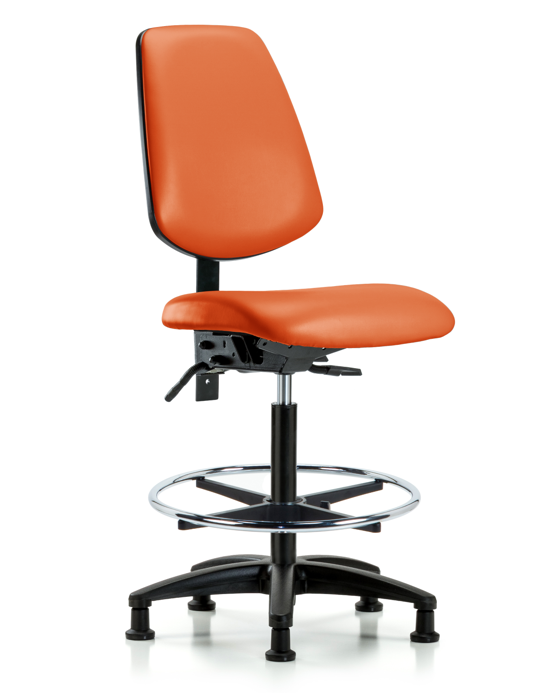 Blue Ridge Ergonomics VHBCH-MB-RG-T0-A0-CF-RG-8613 Rutledge Vinyl Chair - High Bench Height with Medium Back, Chrome Foot Ring, & Stationary Glides in Orange Kist Trailblazer™ Vinyl
