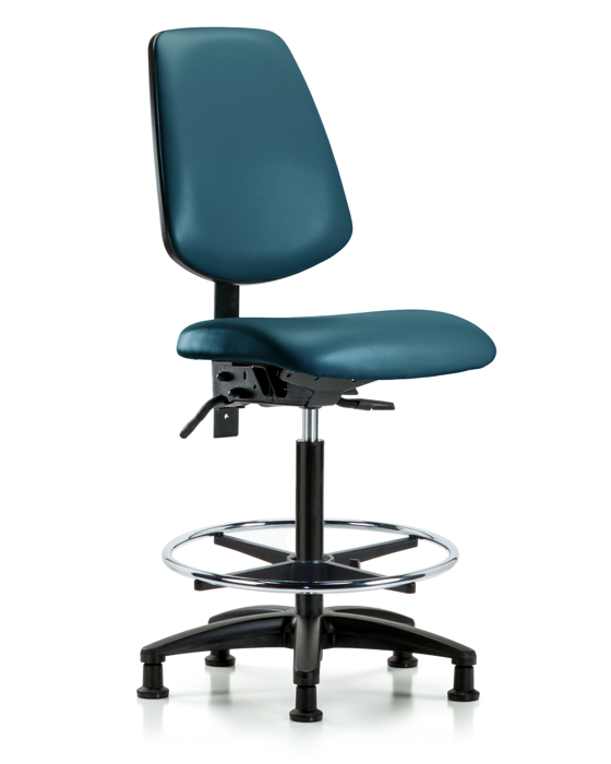 Blue Ridge Ergonomics VHBCH-MB-RG-T0-A0-CF-RG-8801 Rutledge Vinyl Chair - High Bench Height with Medium Back, Chrome Foot Ring, & Stationary Glides in Marine Blue Supernova™ Vinyl